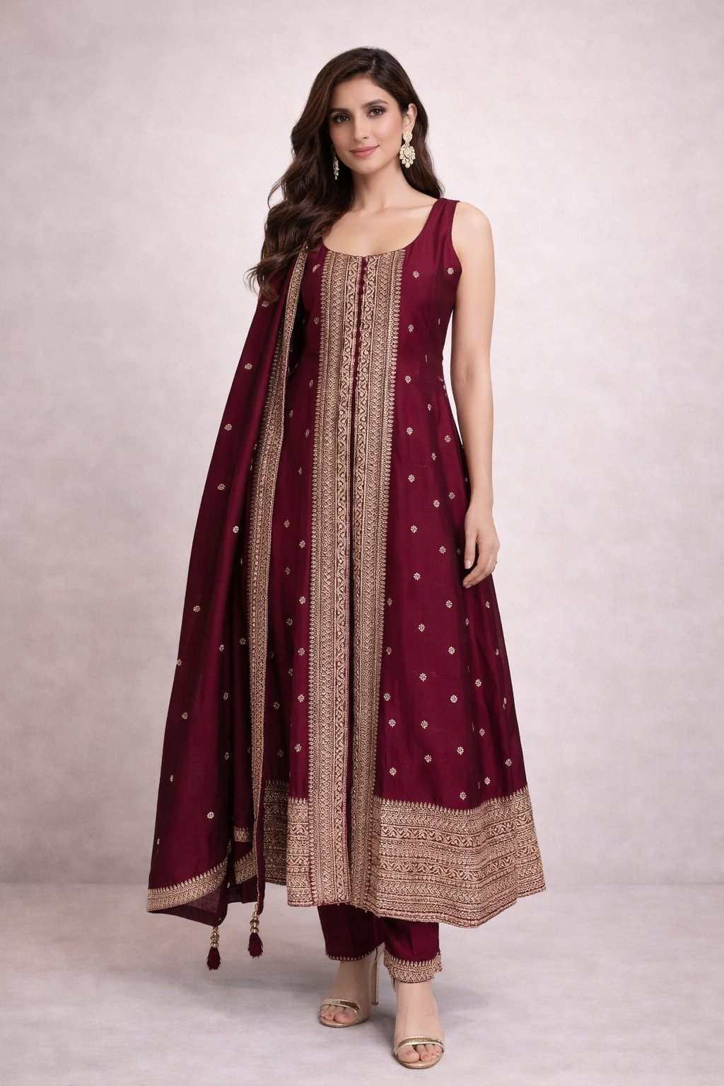 Elegant Maroon Embroidered Anarkali Suit Set with Dupatta